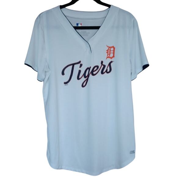 MLB Detroit Tigers Jersey Womens XL TX3 Cool Fabric White Blue Detail Sport Fan - Picture 1 of 9